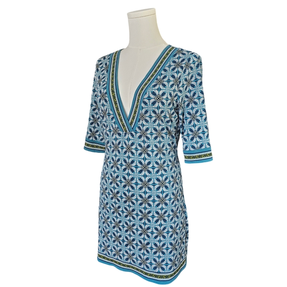 Max Studio - Teal Border Print V-Neck Dress